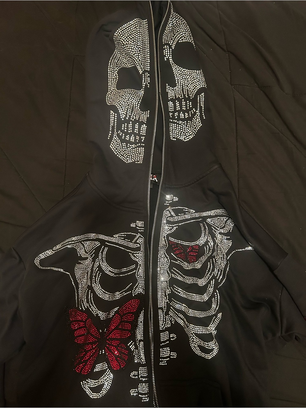 Black Rhinestone Skull & Butterfly Zip-Up Utility Jacket
